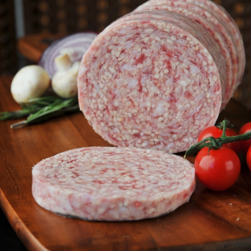 Pork sausage meat in round casing.