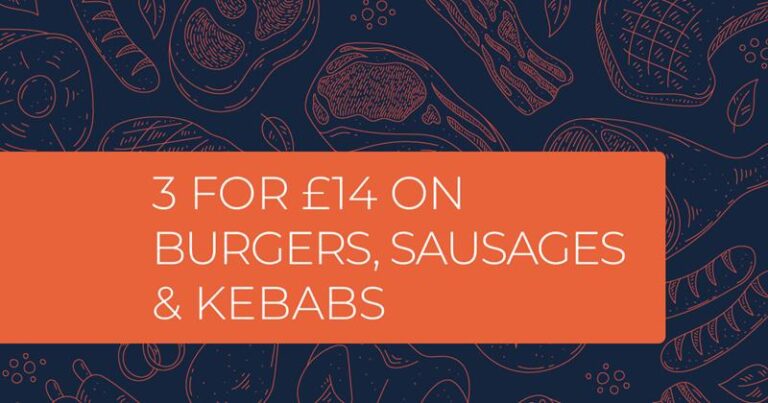 Three for £14 on Burgers, Sausages & Kebabs